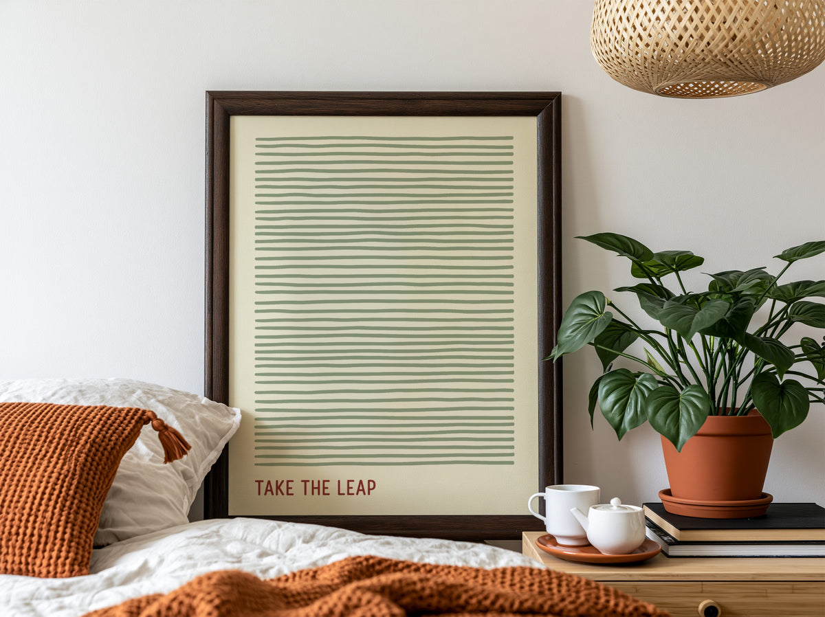 Motivational poster featuring soft sage green horizontal lines and the quote Take The Leap