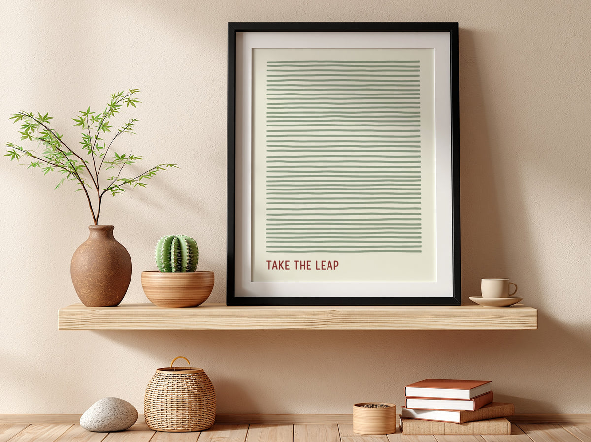 Motivational poster featuring soft sage green horizontal lines and the quote Take The Leap