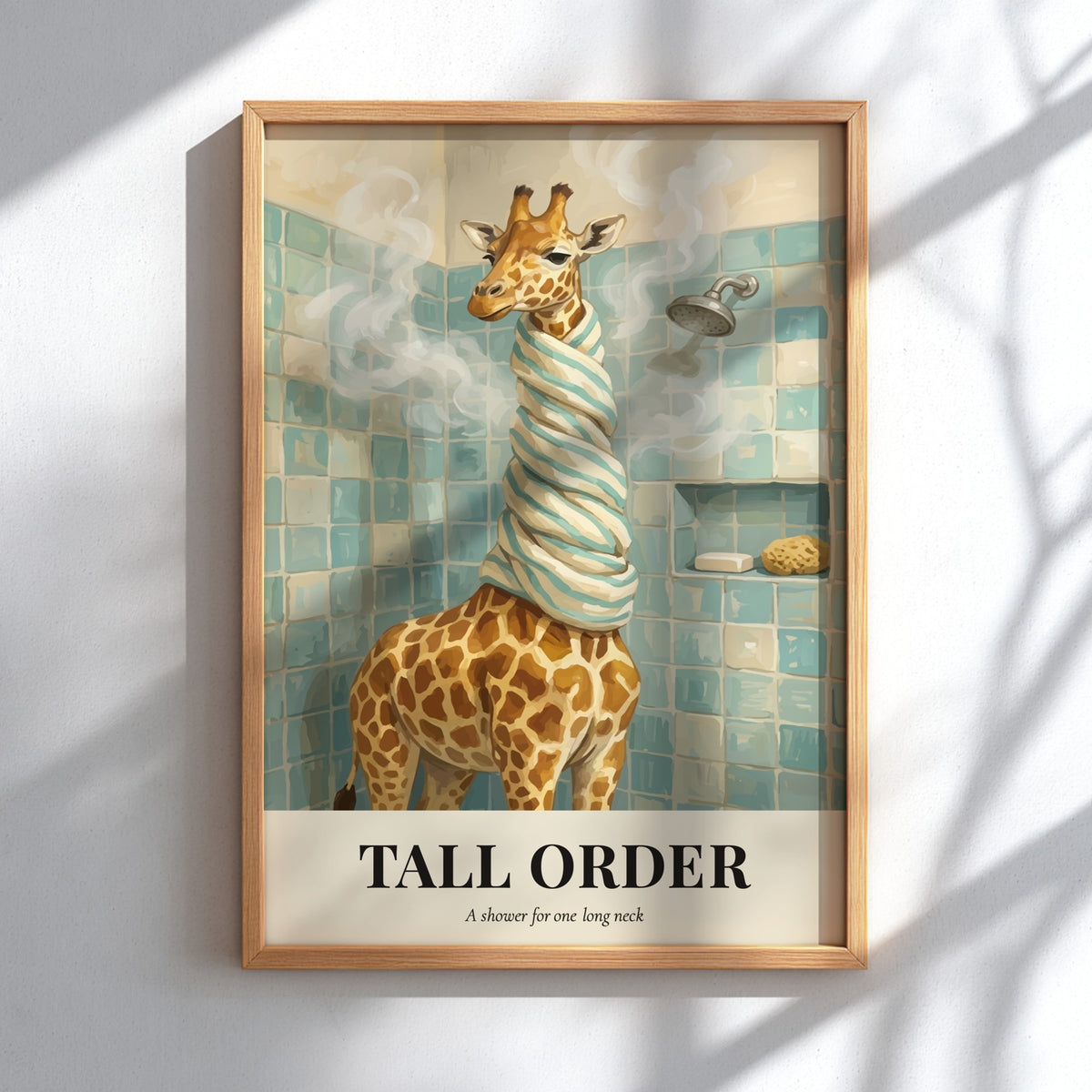 Poster of a giraffe wrapped in a towel standing in a tiled shower.