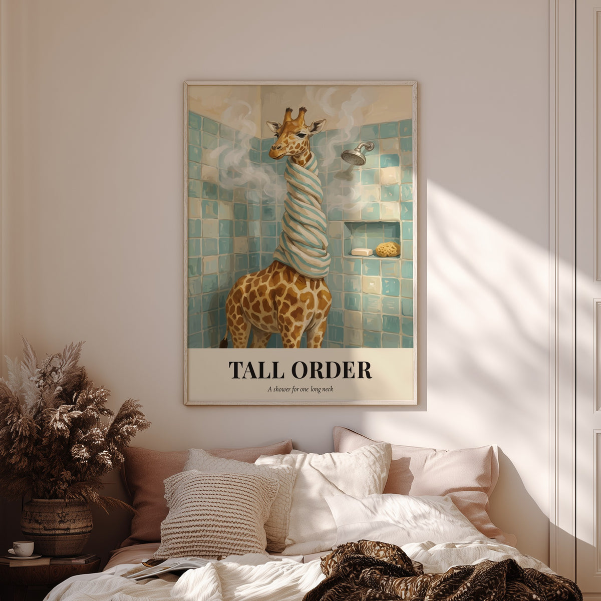 Poster of a giraffe wrapped in a towel standing in a tiled shower.