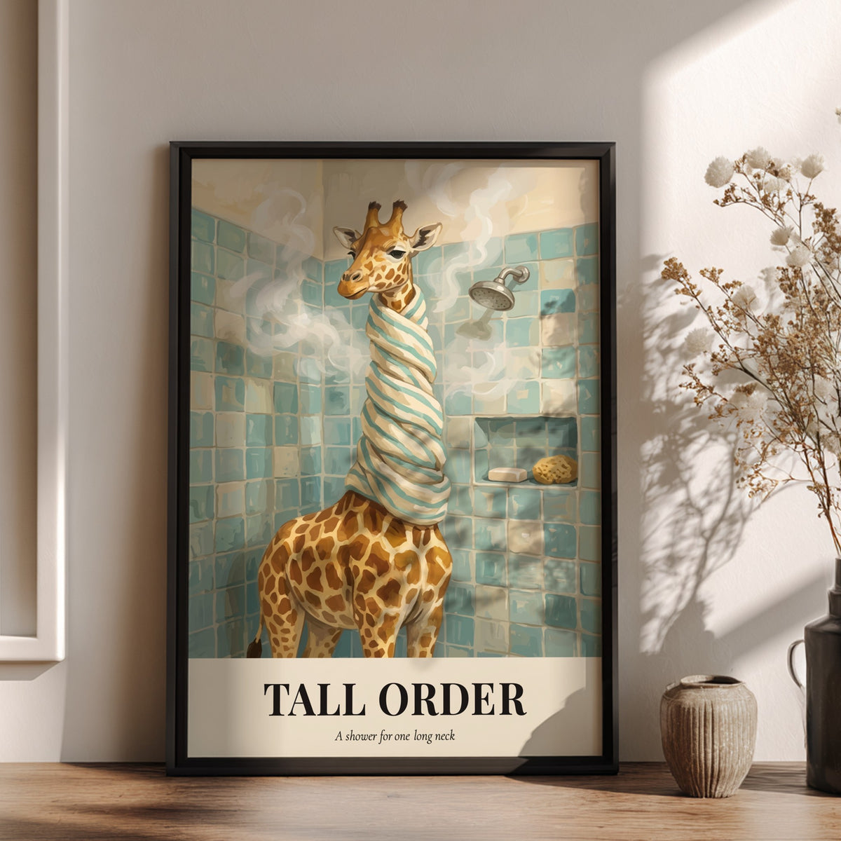 Poster of a giraffe wrapped in a towel standing in a tiled shower.
