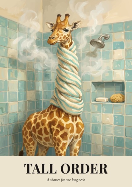 Poster of a giraffe wrapped in a towel standing in a tiled shower.