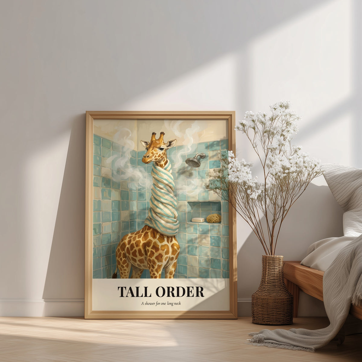 Poster of a giraffe wrapped in a towel standing in a tiled shower.