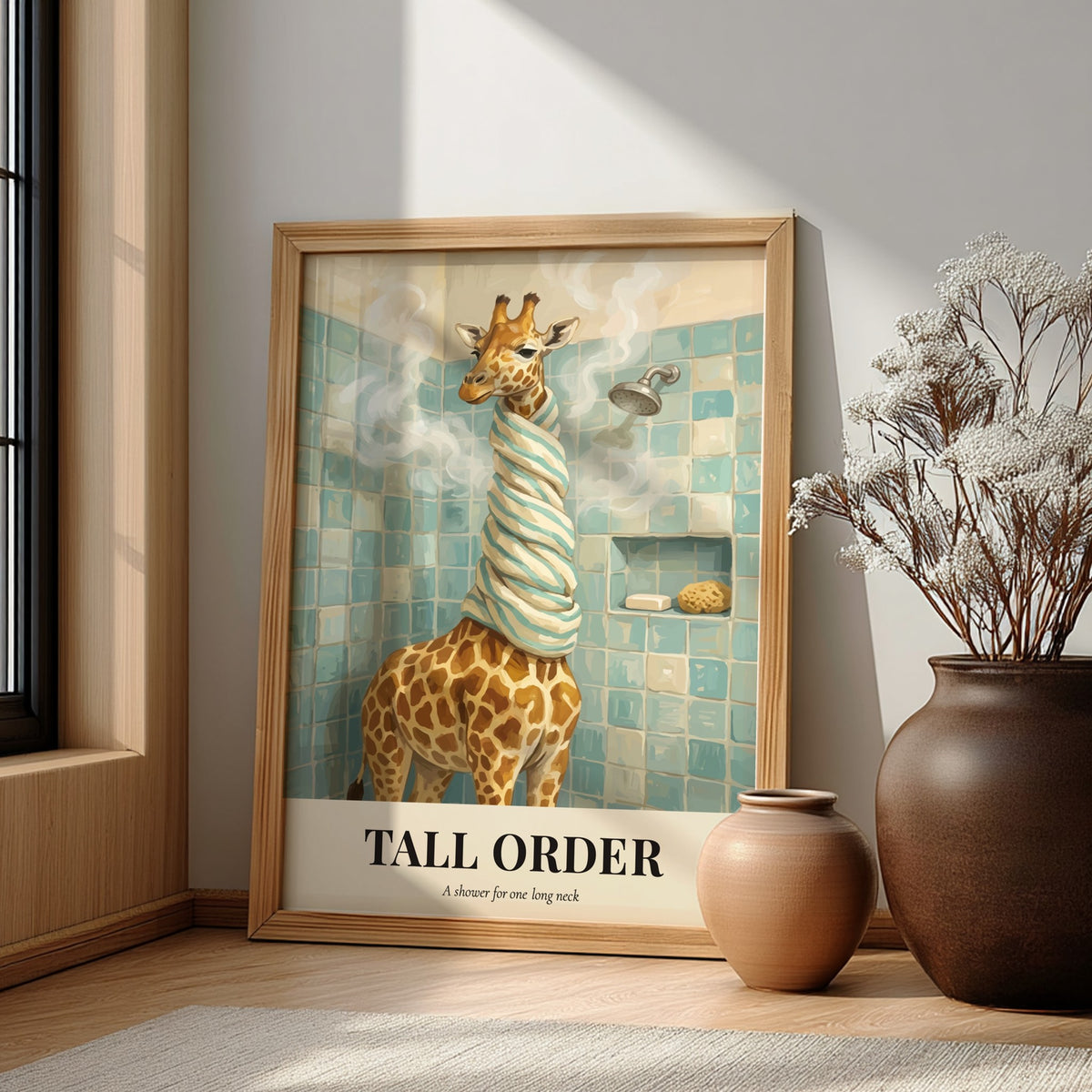 Poster of a giraffe wrapped in a towel standing in a tiled shower.