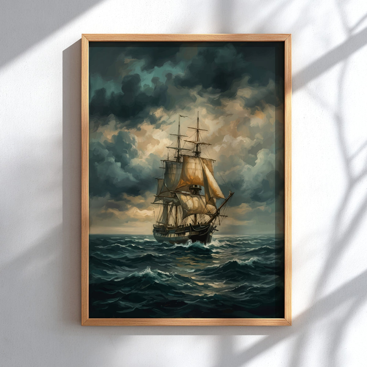 Poster of a tall ship sailing across dark, turbulent stormy seas under clouds