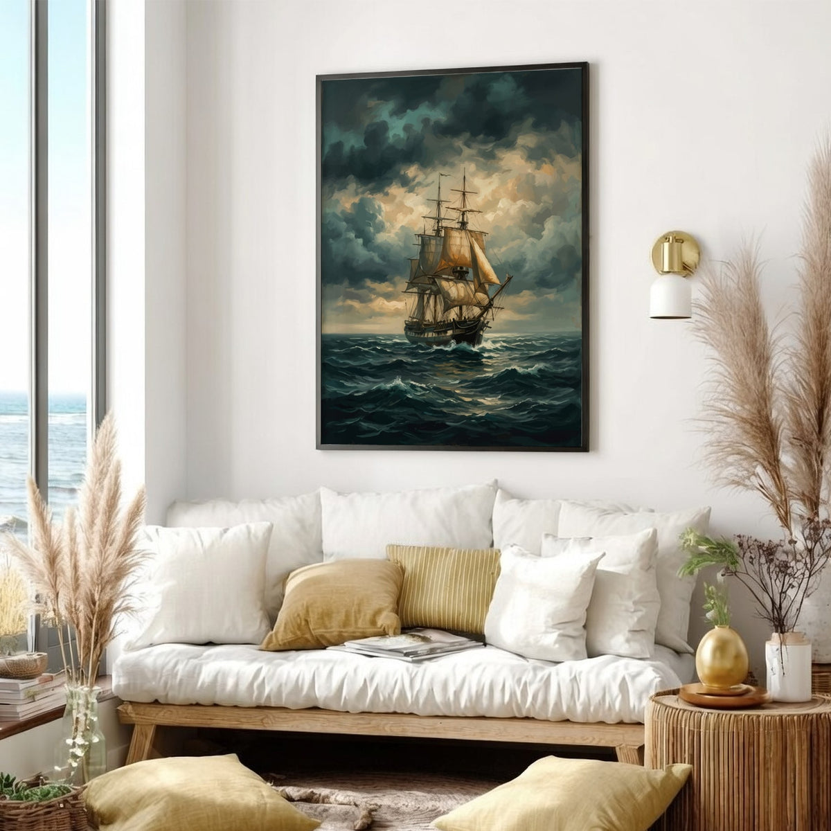 Poster of a tall ship sailing across dark, turbulent stormy seas under clouds