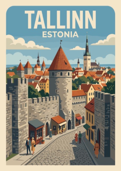 Tallinn Estonia travel poster featuring medieval stone towers, orange rooftops, and cobblestone streets.