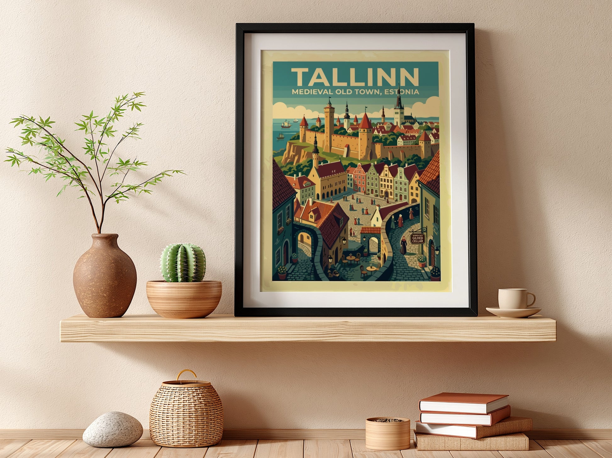 Travel poster of Tallinn Medieval Old Town featuring stone walls and historic architecture.