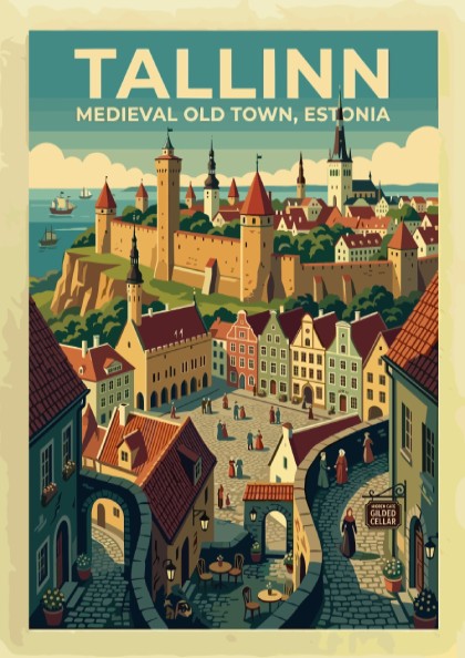 Travel poster of Tallinn Medieval Old Town featuring stone walls and historic architecture.