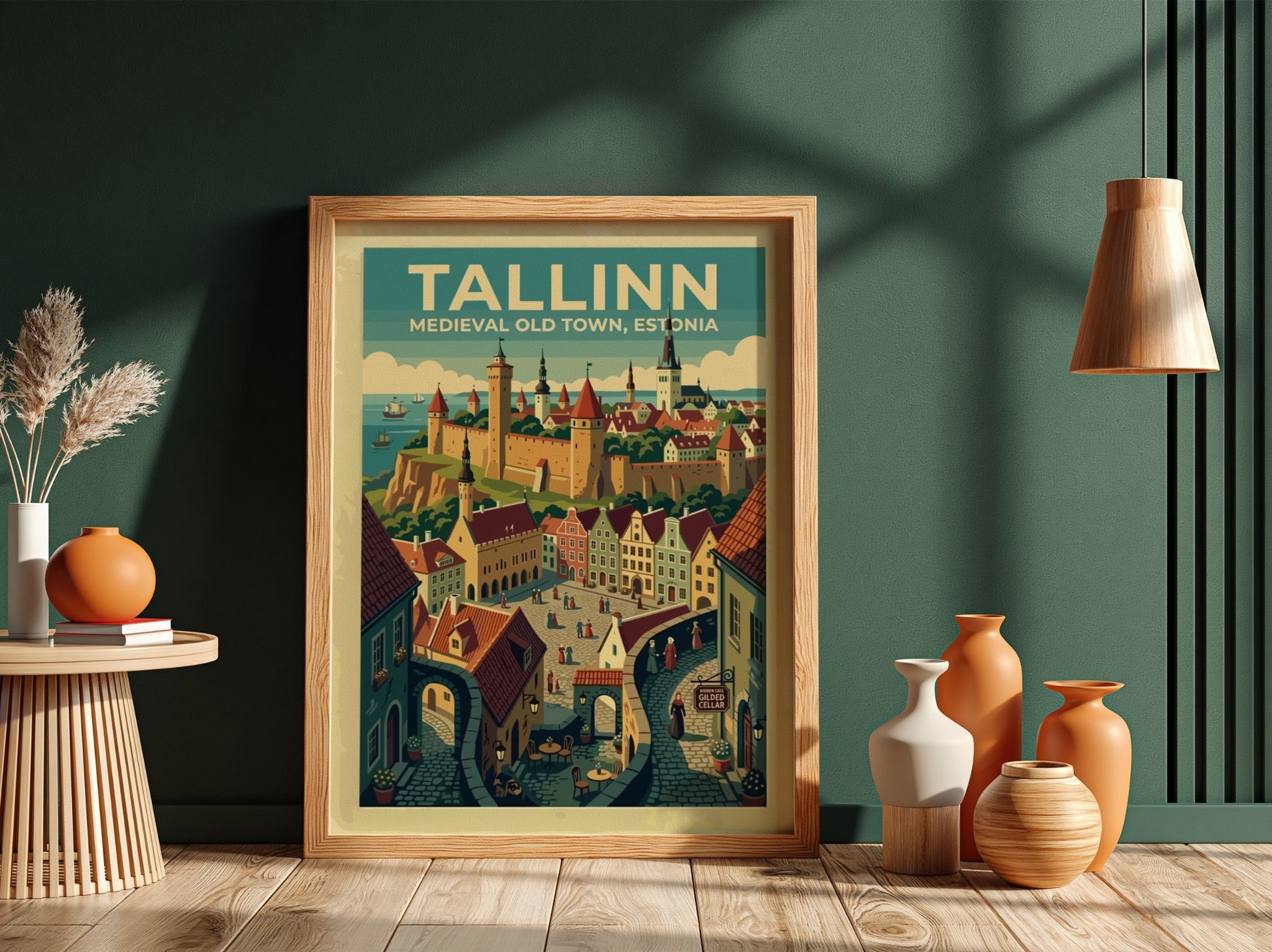 Travel poster of Tallinn Medieval Old Town featuring stone walls and historic architecture.
