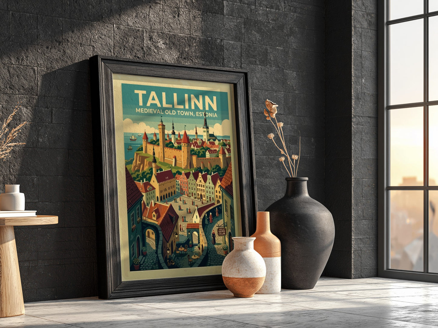 Travel poster of Tallinn Medieval Old Town featuring stone walls and historic architecture.