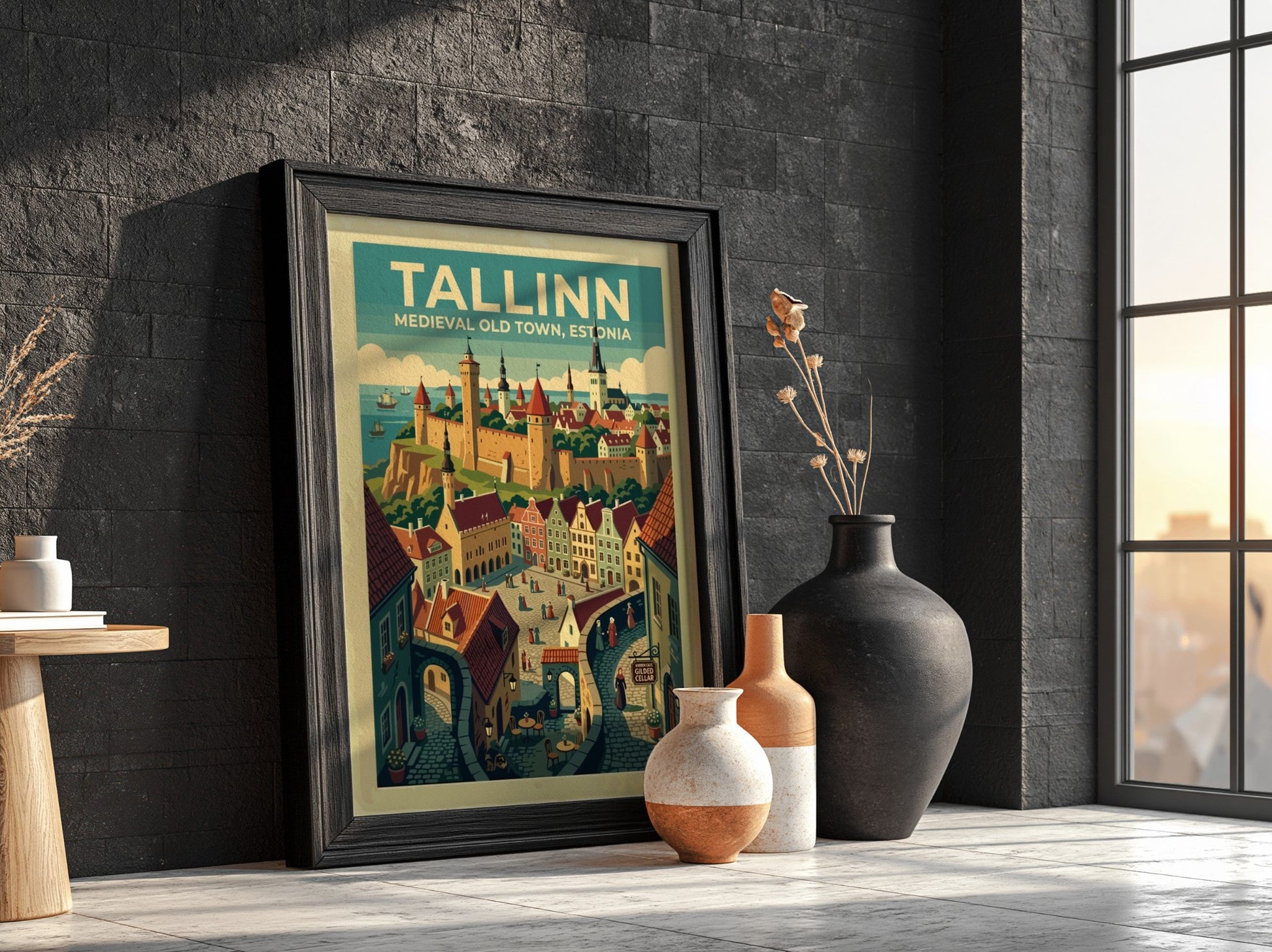 Travel poster of Tallinn Medieval Old Town featuring stone walls and historic architecture.