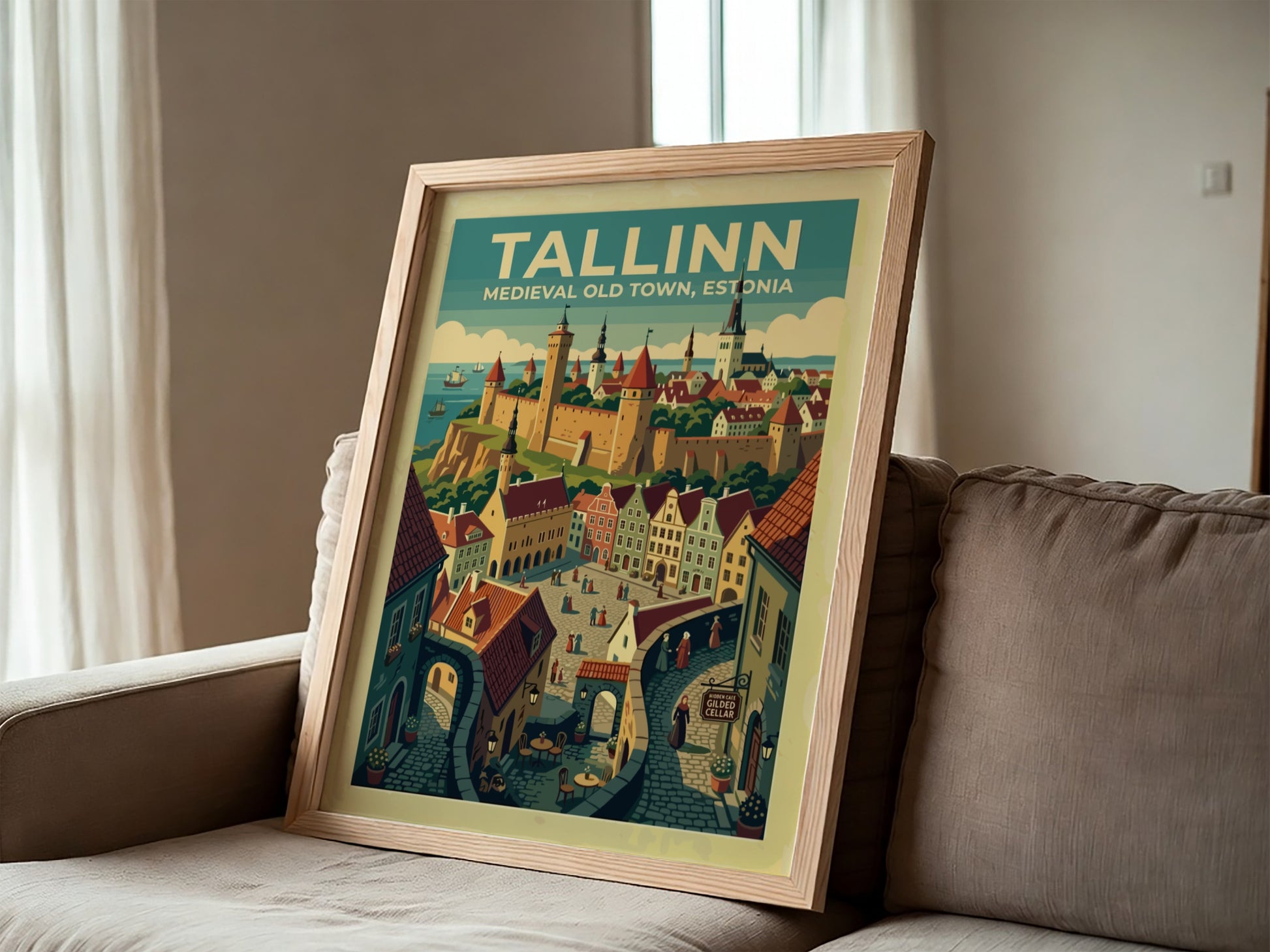 Travel poster of Tallinn Medieval Old Town featuring stone walls and historic architecture.