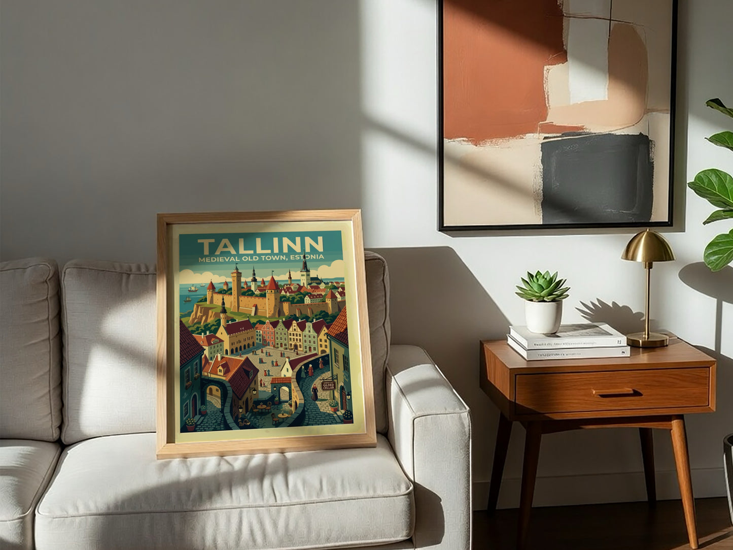 Travel poster of Tallinn Medieval Old Town featuring stone walls and historic architecture.