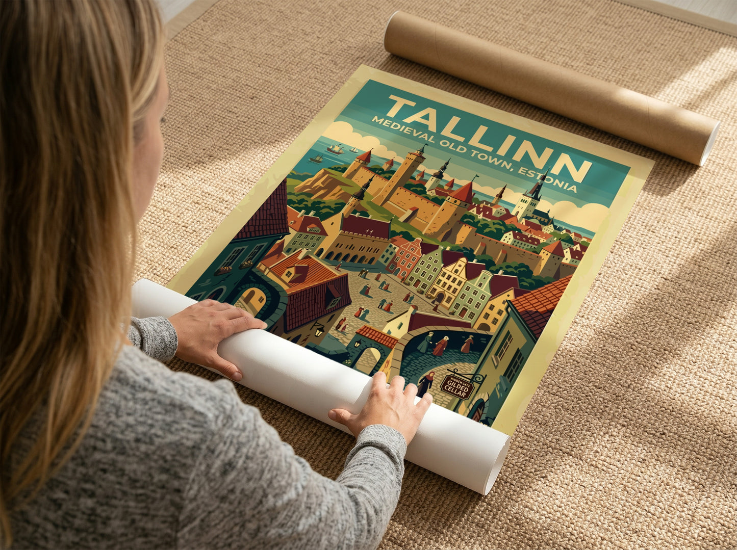 Travel poster of Tallinn Medieval Old Town featuring stone walls and historic architecture.