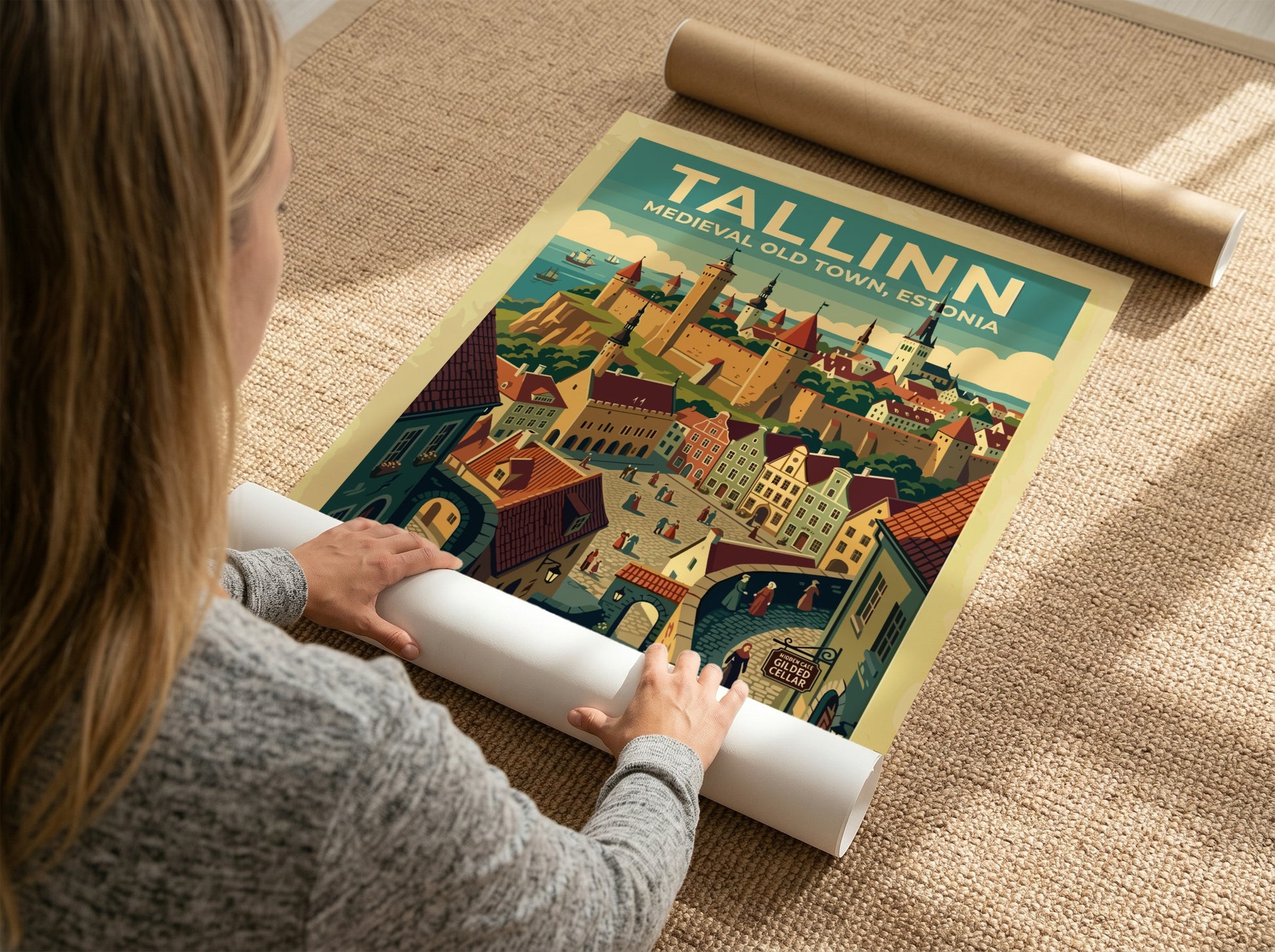 Travel poster of Tallinn Medieval Old Town featuring stone walls and historic architecture.