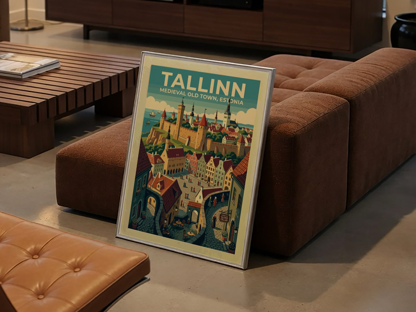 Travel poster of Tallinn Medieval Old Town featuring stone walls and historic architecture.
