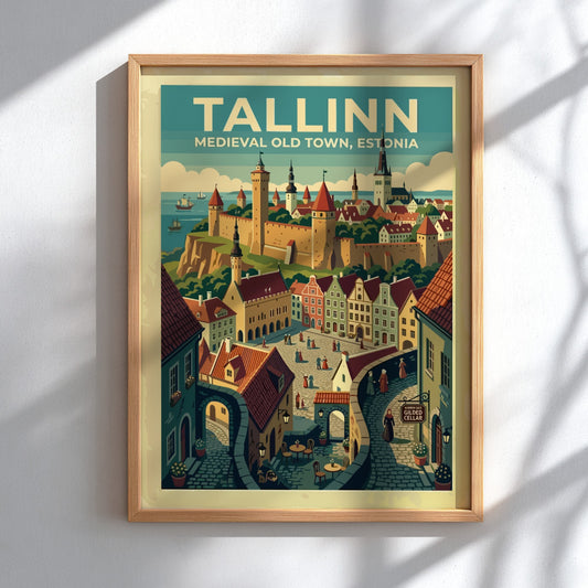 Travel poster of Tallinn Medieval Old Town featuring stone walls and historic architecture.