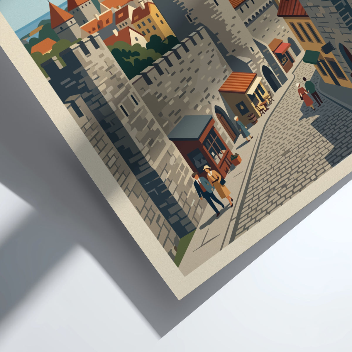 Tallinn Estonia travel poster featuring medieval stone towers, orange rooftops, and cobblestone streets.