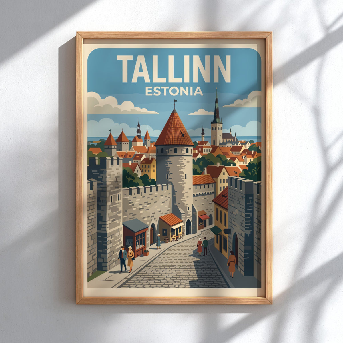 Tallinn Estonia travel poster featuring medieval stone towers, orange rooftops, and cobblestone streets.
