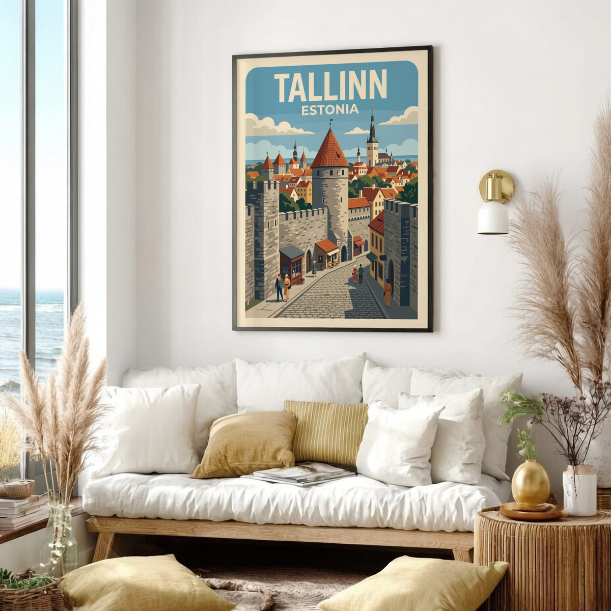 Tallinn Estonia travel poster featuring medieval stone towers, orange rooftops, and cobblestone streets.