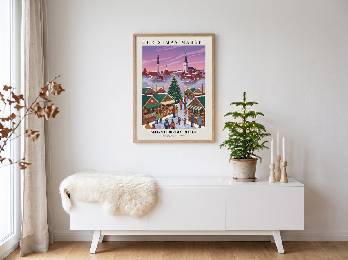 Tallinn Christmas Market poster with festive stalls and city steeples in winter colors.