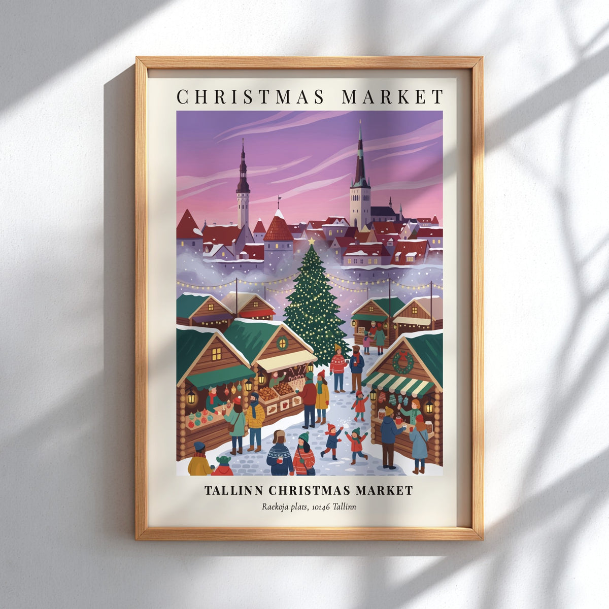 Tallinn Christmas Market poster with festive stalls and city steeples in winter colors.