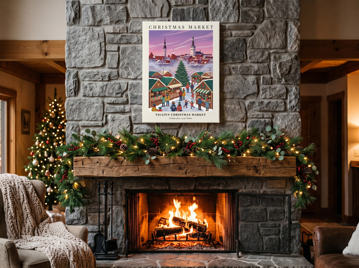 Tallinn Christmas Market poster with festive stalls and city steeples in winter colors.