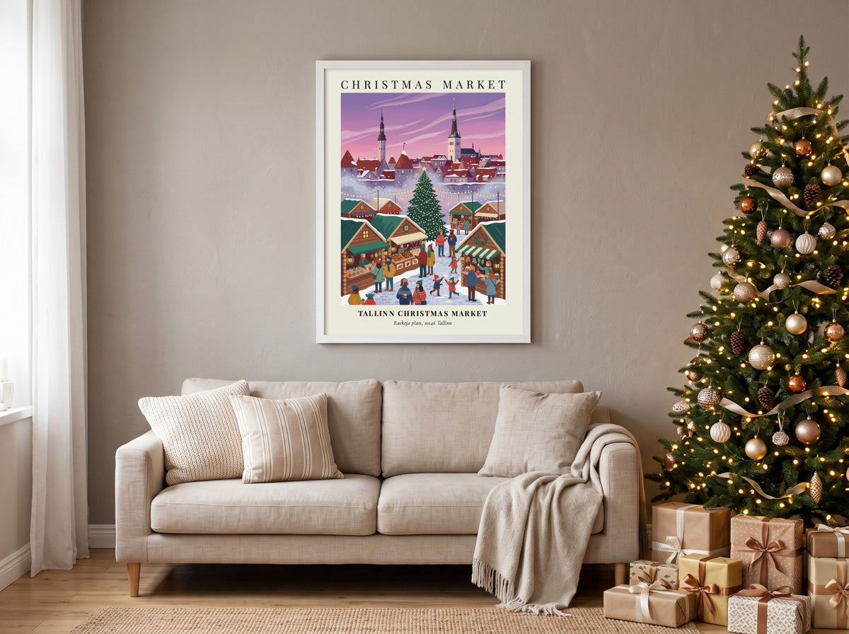 Tallinn Christmas Market poster with festive stalls and city steeples in winter colors.