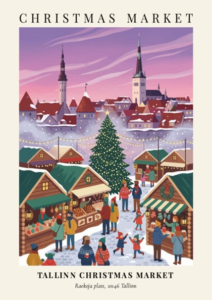 Tallinn Christmas Market poster with festive stalls and city steeples in winter colors.