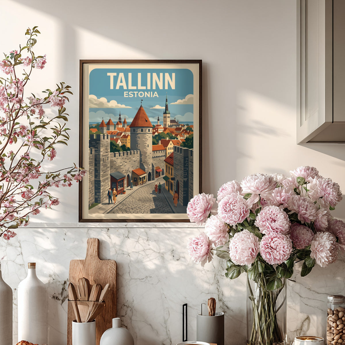 Tallinn Estonia travel poster featuring medieval stone towers, orange rooftops, and cobblestone streets.
