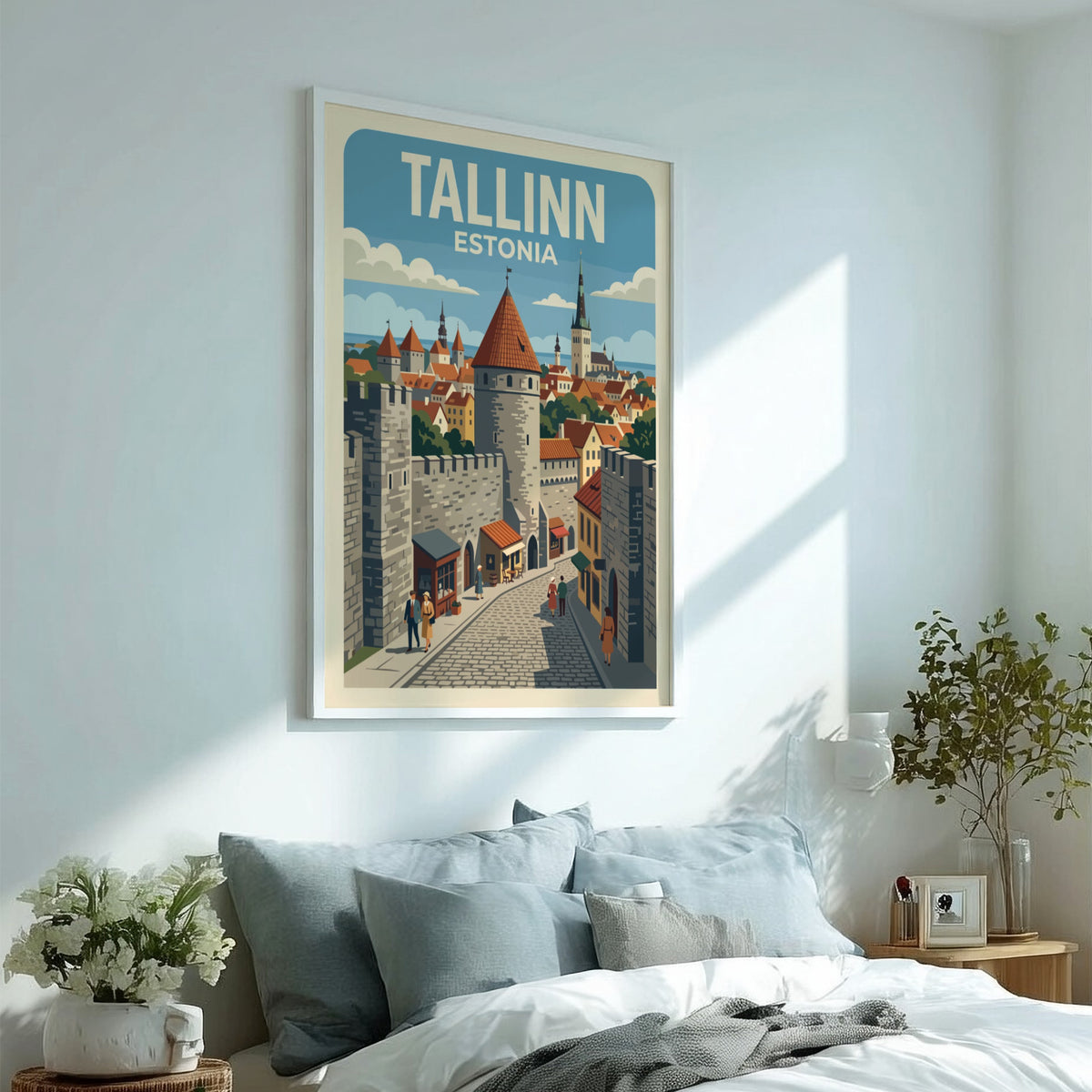 Tallinn Estonia travel poster featuring medieval stone towers, orange rooftops, and cobblestone streets.