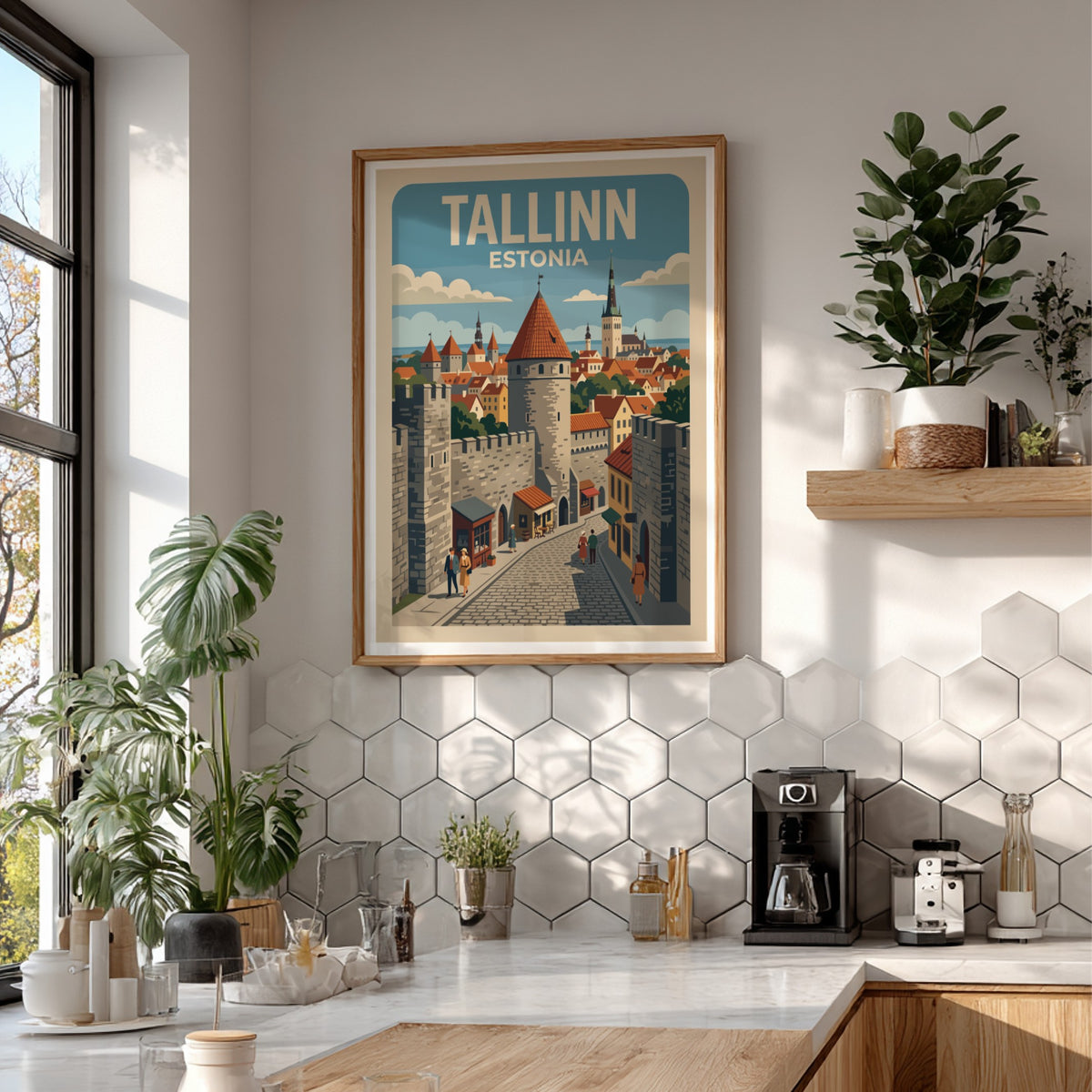 Tallinn Estonia travel poster featuring medieval stone towers, orange rooftops, and cobblestone streets.