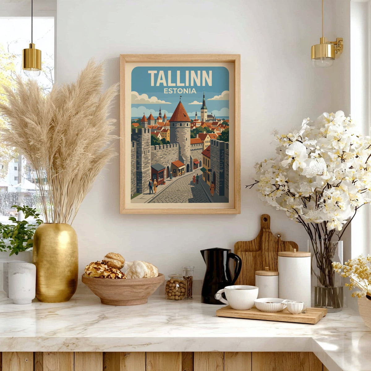 Tallinn Estonia travel poster featuring medieval stone towers, orange rooftops, and cobblestone streets.