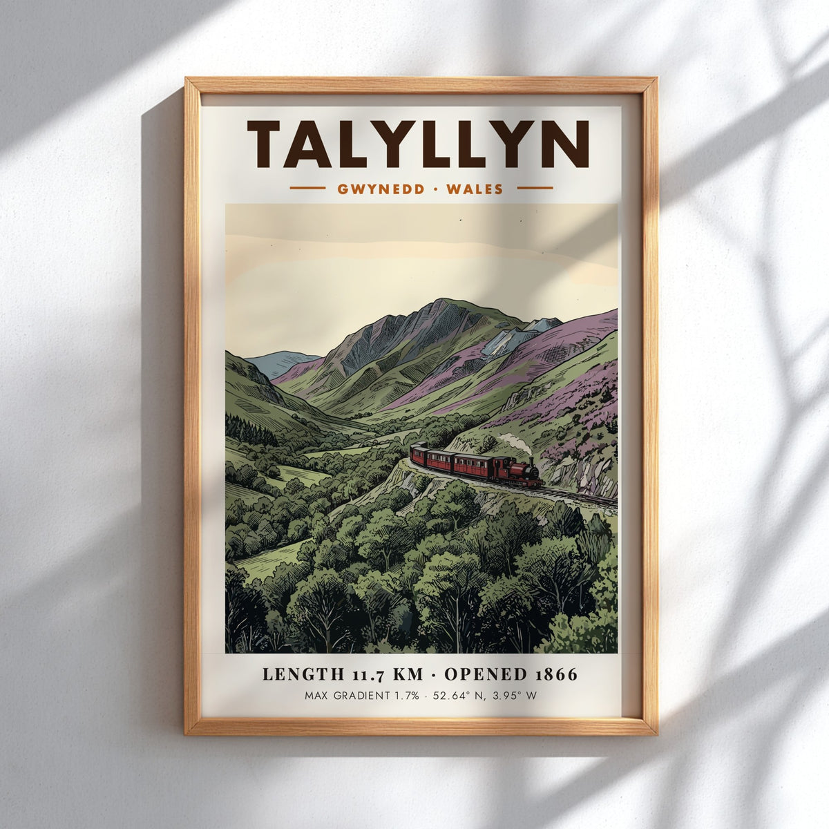 Poster of a red steam train travelling through the mountainous Talyllyn landscape in Wales.