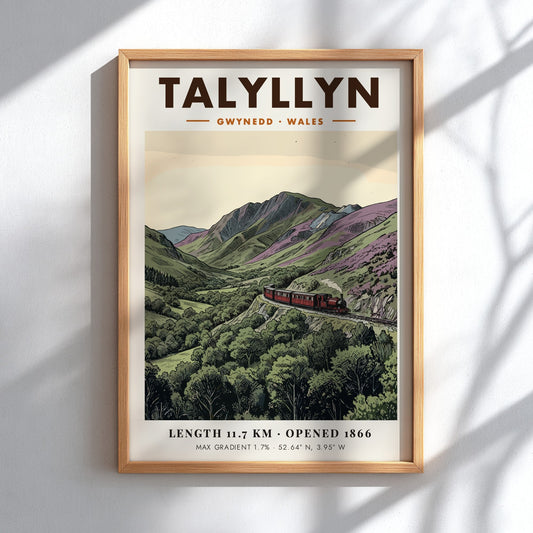 Poster of a red steam train travelling through the mountainous Talyllyn landscape in Wales.
