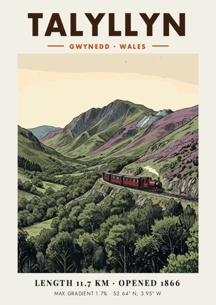 Poster of a red steam train travelling through the mountainous Talyllyn landscape in Wales.