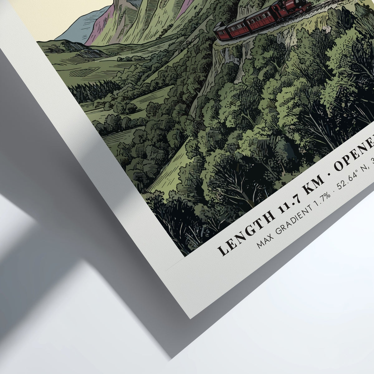 Poster of a red steam train travelling through the mountainous Talyllyn landscape in Wales.