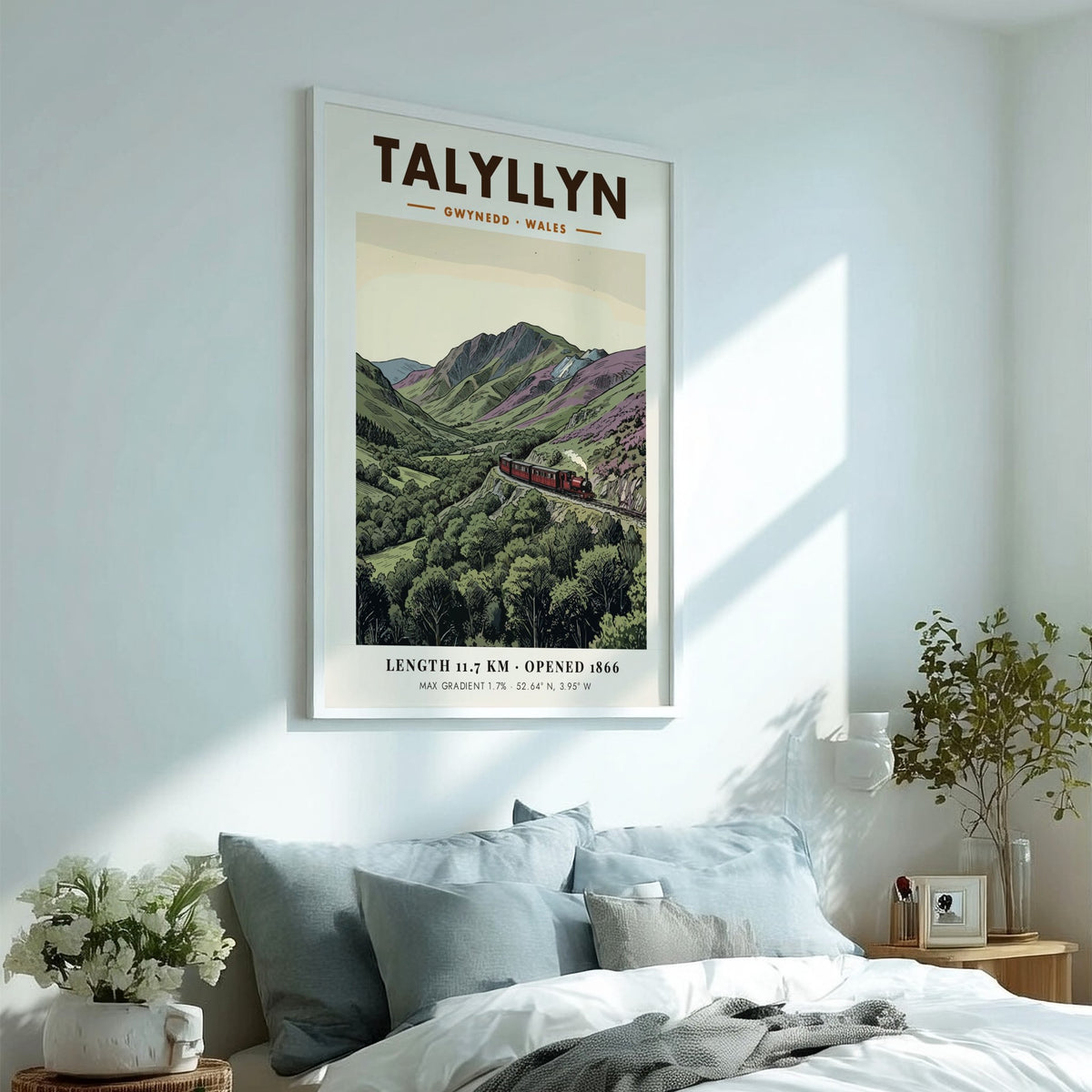 Poster of a red steam train travelling through the mountainous Talyllyn landscape in Wales.