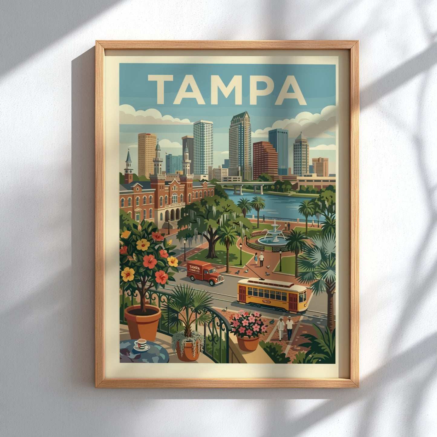 Vintage Tampa cityscape poster with skyline, streetcar, and tropical plants in a retro illustration style.