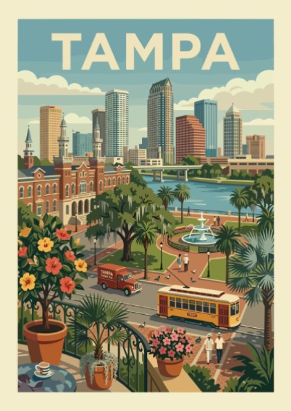 Vintage Tampa cityscape poster with skyline, streetcar, and tropical plants in a retro illustration style.