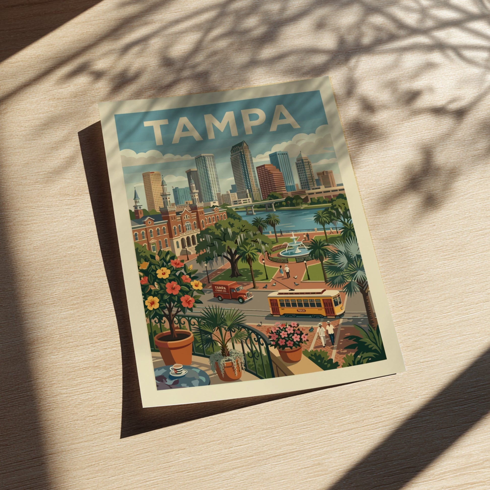 Vintage Tampa cityscape poster with skyline, streetcar, and tropical plants in a retro illustration style.