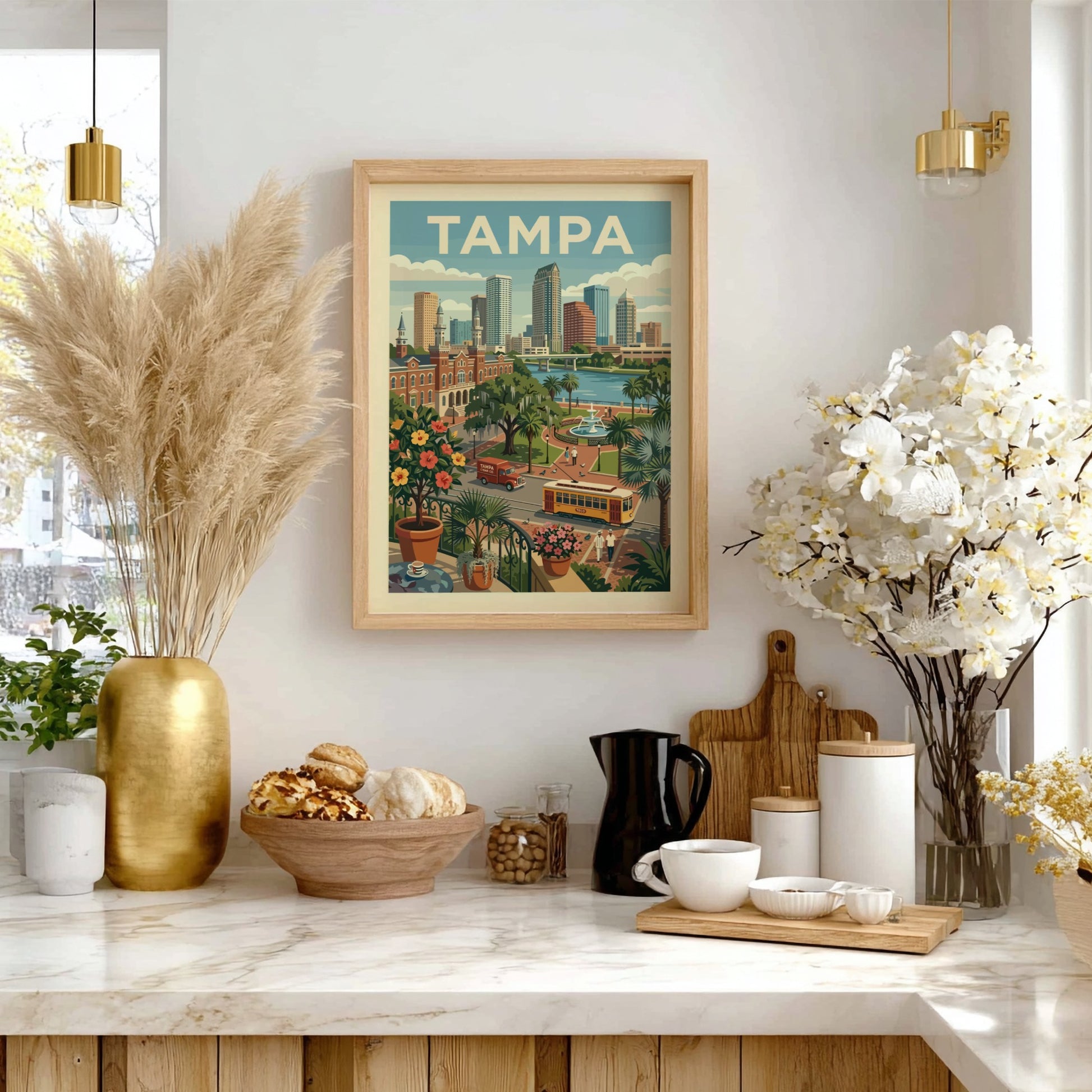 Vintage Tampa cityscape poster with skyline, streetcar, and tropical plants in a retro illustration style.