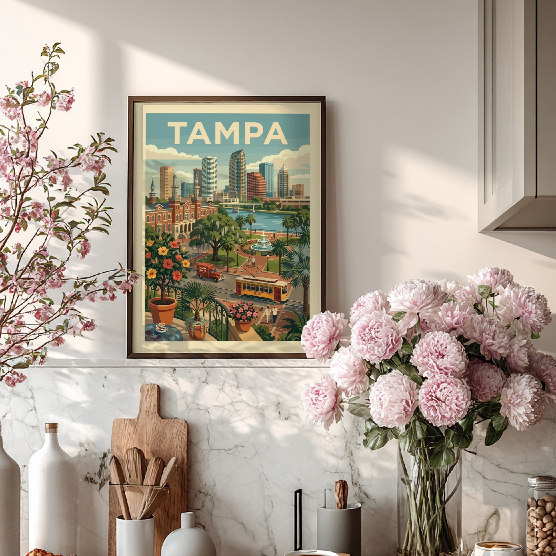 Vintage Tampa cityscape poster with skyline, streetcar, and tropical plants in a retro illustration style.
