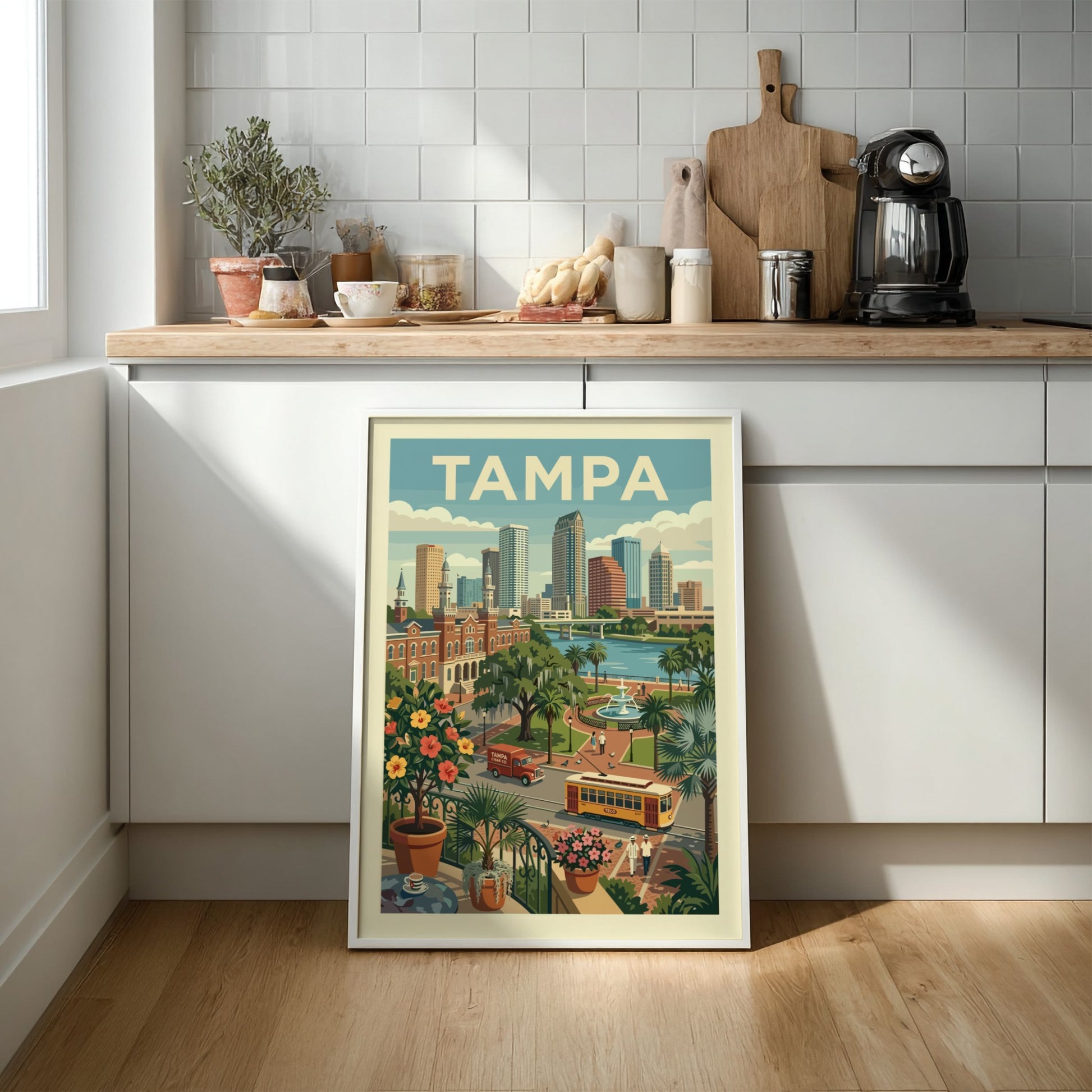 Vintage Tampa cityscape poster with skyline, streetcar, and tropical plants in a retro illustration style.
