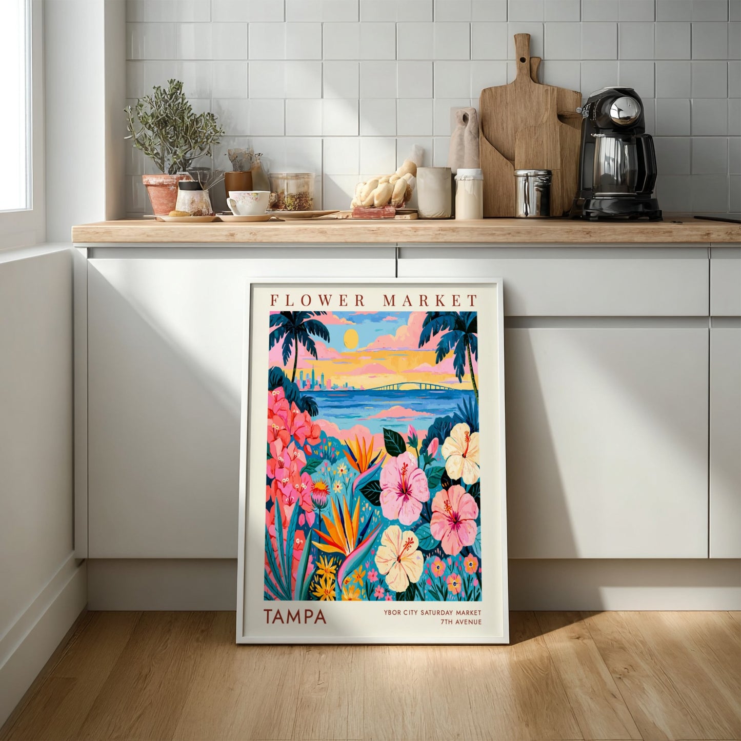Flower market poster featuring vibrant flowers and Tampa skyline at sunset