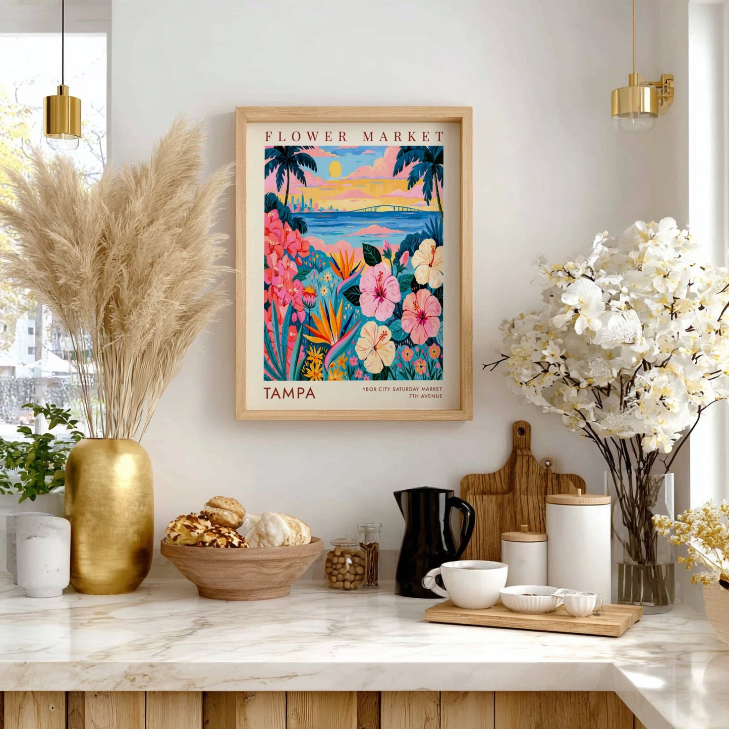 Flower market poster featuring vibrant flowers and Tampa skyline at sunset