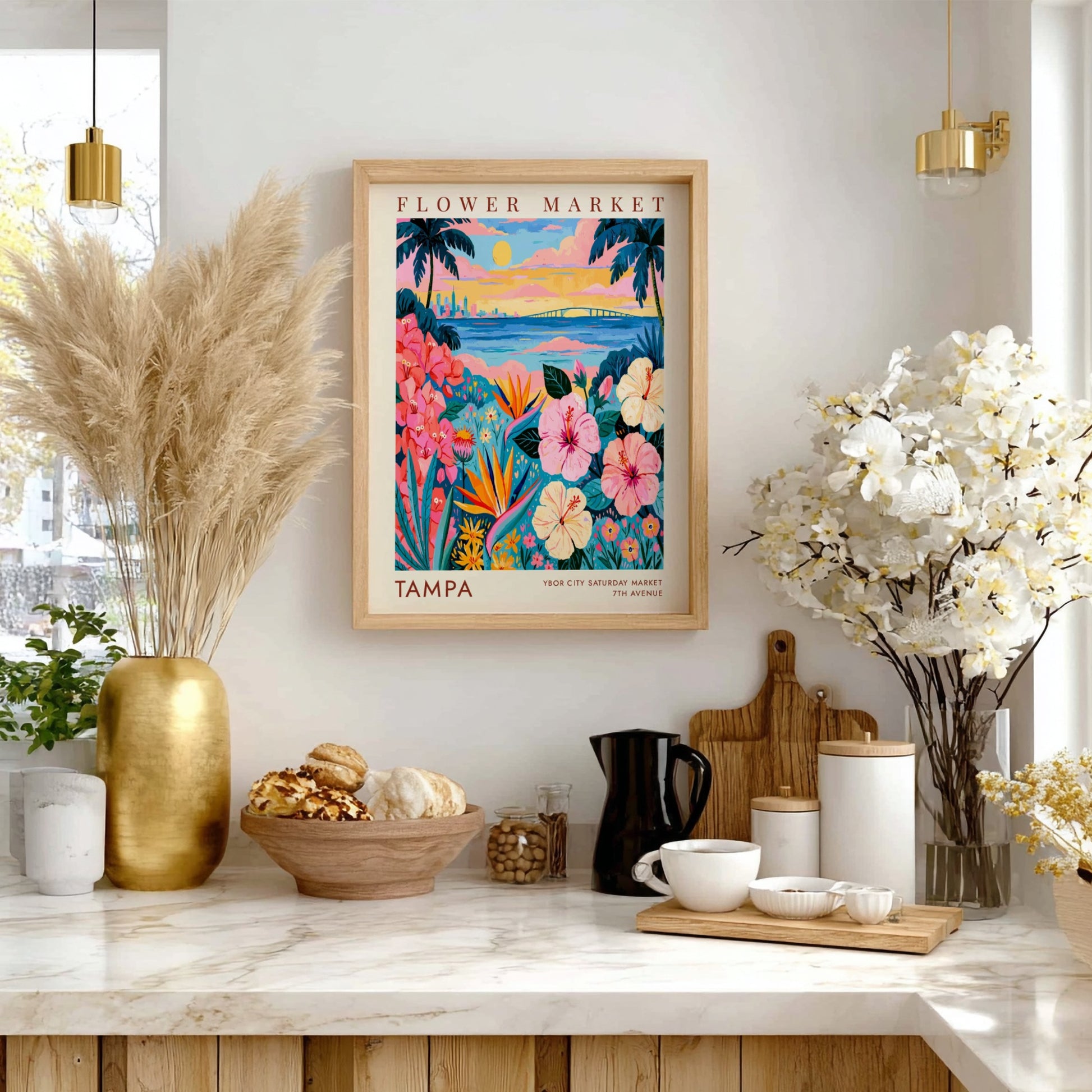 Flower market poster featuring vibrant flowers and Tampa skyline at sunset