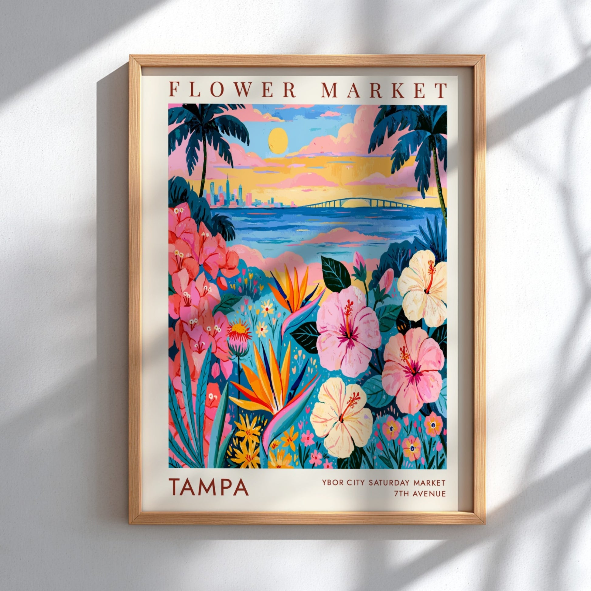 Flower market poster featuring vibrant flowers and Tampa skyline at sunset