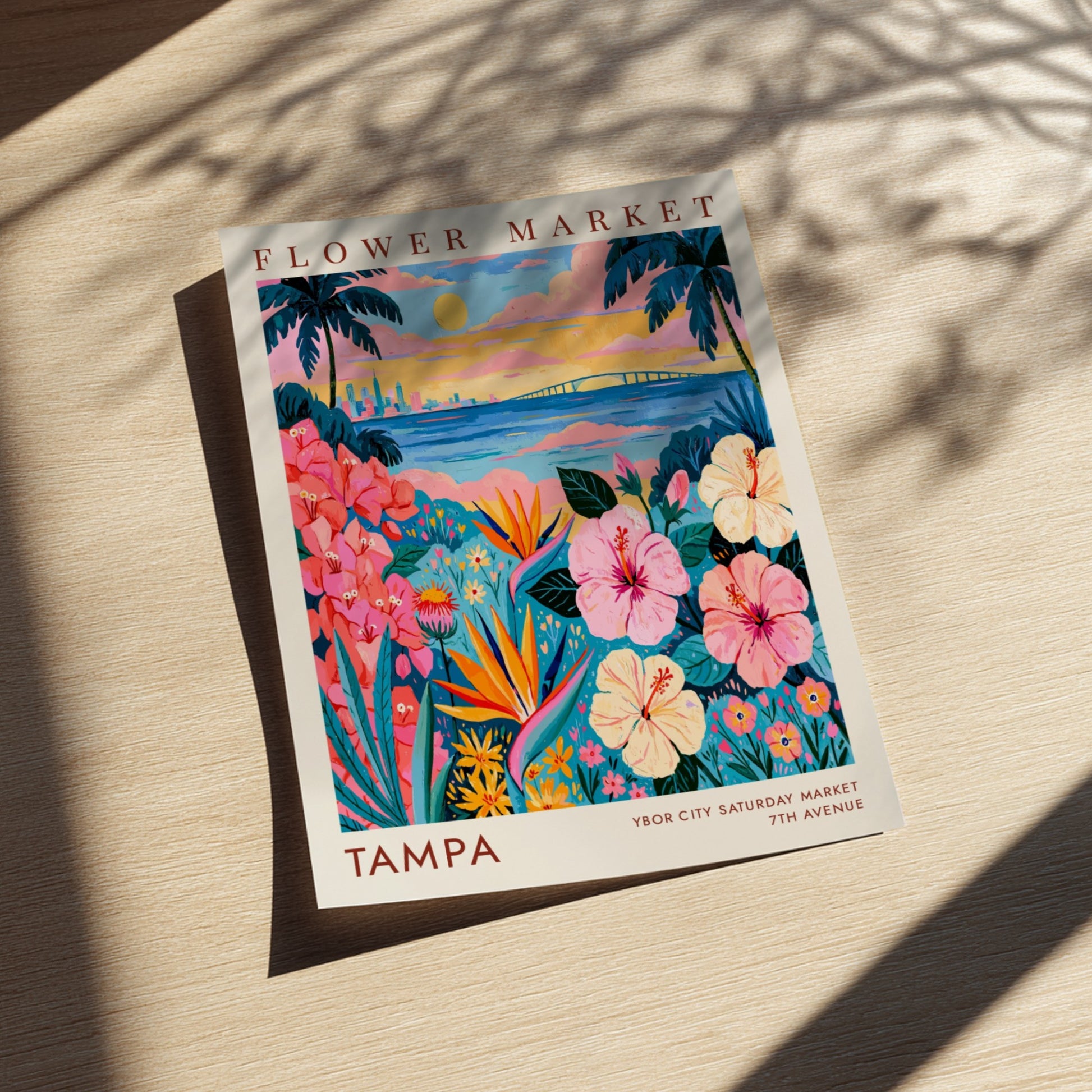 Flower market poster featuring vibrant flowers and Tampa skyline at sunset